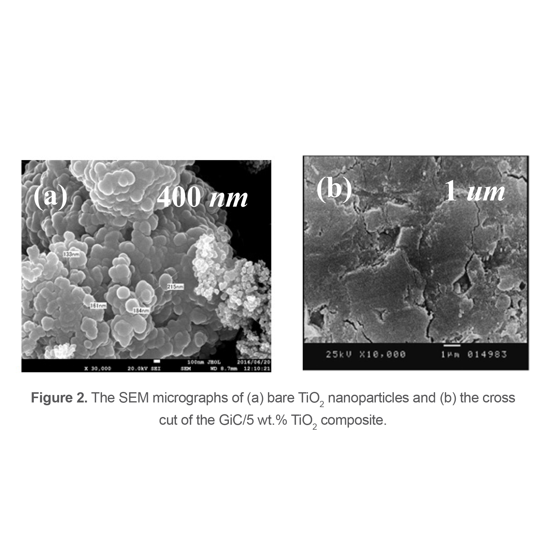 Figure 2. The SEM micrographs of (a) bare TiO2 nanoparticles and (b) the cross cut of the GiC/5 wt.% TiO2 composite.