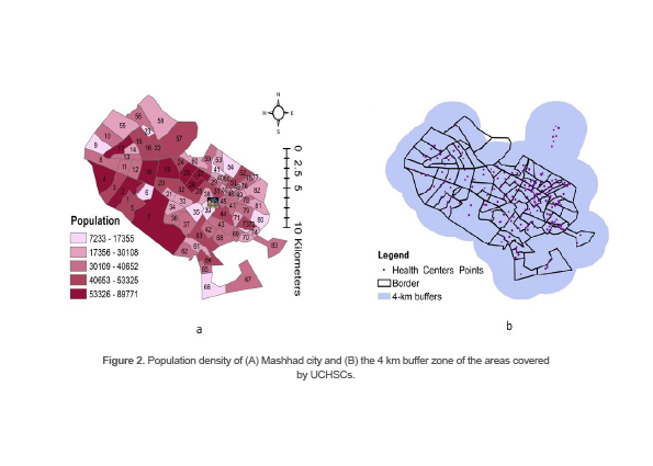 Figure 2. Population density of (A) Mashhad city and (B) the 4 km buffer zone of the areas covered by UCHSCs.